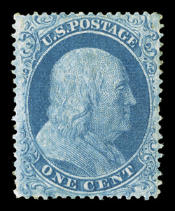 18, 1c Blue, Ty. I, position 86R12, an exceptionally handsome mint example, possessing far better centering than normally encountered for this scarce and difficult type,
showing virtually complete plumes and scrolls at bottom, deep characteristi