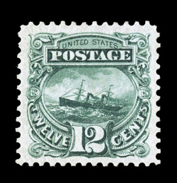 128, 12c Green re-issue, an incomparable mint example, perfectly centered amid immensely large margins unlike any other example of this value we have seen, and contributing
further to this stamps spectacular eye appeal is its incredibly intense