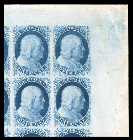 7, 1c Blue, Ty. II, a spectacular unused top right corner sheet-margin block of four, being positions 9-1019-20R2, huge margins showing significant portions of five adjoining
stamps, marvelously rich color and an outstanding impression, some mi