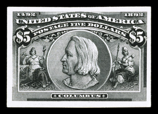230P4-45P4, 1c-$5.00 Columbians, plate proofs on card all with large margins, bright and fresh, very fine accompanied by the original envelope these were sold
in.