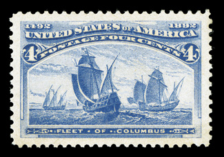 233, 4c Columbian, a stunning mint single, being perfectly centered within absolutely gigantic margins, deep intense color and an especially sharp impression, o.g., lightly
hinged, extremely fine an incredibly large-margined and spectacular gem