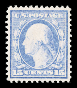 340, 15c Pale ultramarine, an exceptionally choice mint example of this surprisingly difficult stamp, possessing outstanding centering within margins are much larger than
usual, brilliantly fresh color and a well defined impression on immaculate