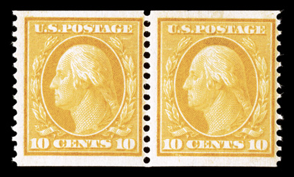 356, 10c Yellow coil, perf. 12 vert., rare mint pair, radiant color, o.g., left stamp faintly hinged, right stamp never hinged, fine 1991 PF certificate (never hinged by
omission) cataloged as two singles.