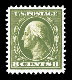380, 8c Olive green, deep intense color and a prooflike impression, uncommonly well centered, pristine o.g., never hinged, choice very fine 2002 PSE
certificate.