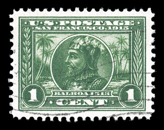 397, 1c Panama-Pacific, flawlessly centered within large margins, deeply rich color and a well incised impression on fresh paper, unusually light machine cancel, extremely fine
a gem used example 2008 PSE certificate (Superb 98 SMQ $335.00).