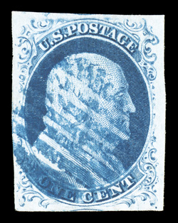 9, 1c Blue, Ty. IV, large balanced margins all around, strong color in a deep luxuriant shade, crisp impression on fresh white paper, blue grid cancel, extremely fine and choice
1986 PF certificate ex-Koppersmith, Morris.
