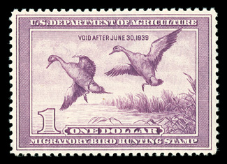 RW5, 1938 $1.00 Light violet, deep rich color, well centered and margined, o.g., n.h., extremely fine 2006 PSE certificate ex-Killien (VF-XF 85 SMQ $550.00).