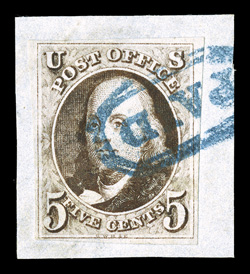 1a, 5c Dark brown, handsome example with wonderfully deep rich color and impression, plus it features four full to mostly very large margins, tied to small piece by nearly
complete strike of blue PAID in octagonal handstamp, very fine and