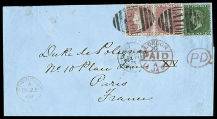S.G. 5, 7, 1863-68 1p Rose red, 6p Deep green, pair of 1p and single of 6p tied by A10 in barred oval to folded cover to Paris, France, neat red St. VincentA Dec 2568 datestamp
at bottom left, London Paid transit, French receiver, quit