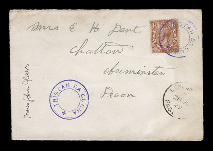 S.G. C7, Tristan Da Cunha violet handstamp, cachet VI, the extremely rare type without the break in the inner ring, one strike tying Great Britain 1½p adhesive on 1929 cover to
Devon, England, a second perfectly clear and complete strike appli