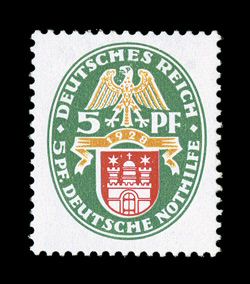 B23 var., 1928 5pf + 5pf Hamburg semi-postal, vertical watermark, well centered, bright and fresh, o.g., faintly hinged, very fine a rare watermark variety signed several times
including Ebel and Buhler, accompanied by a 2008 Oechsner certific
