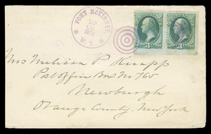 Fort McKinney, Wyoming Territory, two different style violet datestamps, first a three-line straightline FortMc Kinney, W.T.April 27 79 postmark on cover to Newburgh, N.Y.
with 3c Green (158), the other a Fort McKinney, W.T.Sep 23, 1879 d