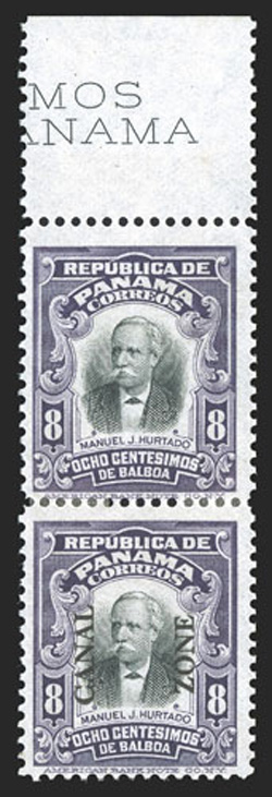 34a, 8c Violet and black, vertical pair, top stamp without Canal Zone, top sheet-margin pair with partial imprint, wonderfully bright and fresh, centered to the bottom as
always on this, fresh o.g., small h.r. in the middle, fine a most desir