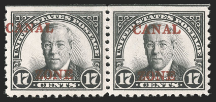 91 var., 17c Black, with Canal shifted strongly to the left, horizontal pair, the left stamp (position 4 on the sheet) with the shift, well centered, slightly tropicalized
o.g., very fine this striking variety occurred on position four (there