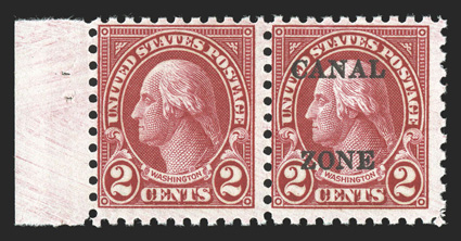 97a, 2c Carmine rotary perf. 10, horizontal pair, left stamp Canal Zone omitted, left sheet-margin pair, centered to the left as are all know copies of this error, brilliant
color, o.g., never hinged, fine there were only ten such pairs eve