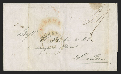 Panama to London, folded letter datelined 21 September, 1842 with red British Post Office Panama double arc undated circular postmark and manuscript 2- double rate to London,
split circle Kingston, JamaicaNo 2, 1842 transit datestamp and