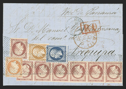 Paris to Arequipa, Peru, folded letter with Voie de Panama directive paying 6.30Fr. triple rate by 1853-60 10c Bister (14), 20c Blue (15), 40c Orange (18) and single and
horizontal strip of six 80c Lake (19), stamps mostly with ample to hug