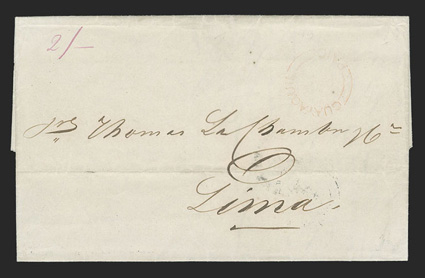 Guayaquil, Ecuador to Lima, Peru, folded letter with red British Post Office split circle GuayquilPaid postmark, red manuscript 2- and double arc GuayaquilSp 1, 1849
backstamp, very fine double rate usage the red split circle postmark i