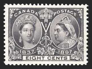 56, 1897 8c Jubilee, an outstanding mint example that is beautifully centered within lavishly large margins, strikingly rich color and a sharp impression as well, o.g., n.h.,
extremely fine gem 2008 PF certificate (XF-Superb 95) (Unitrade C$540