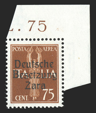 Zara Michel 23-27, 1943 25c-1L DeutscheBesetzungZara Ty. III overprints on air post stamps, fresh and well centered, 75c and 80c top right corner sheet-margin singles, o.g.,
n.h., very fine the Ty. III overprint only occurs on four position