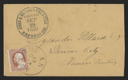Jones & Russells Pikes Peak Express Co.Denver CitySep 29, 1859, bold full strike of their circular datestamp while Kansas Territory on fresh westbound buff cover to Denver City,
originated with 3c Dull red (26) tied by Afton, N.Y.Aug 2