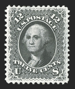 69, 12c Black, uncommonly well centered and margined for this scarce mint stamp, strong color and impression on fresh white paper, full original gum, choice very fine a
terribly elusive stamp to find with full original gum and this well centere