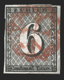 1L2, 1843 6r Black Zurich cantonal, vertical red lines, Type III, position 13, mostly large margins around though cut a bit irregular at left and top right, deep color and a
highly detailed impression, red rosette cancel, very fine 1983 Rellsta