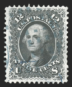 97, 12c Black, F grill, an eye-catching used example, with deep prooflike color and impression on crisp white paper, exceptionally well centered, beautifully cancelled by an
unusual fancy blue grid of dots postmark, extremely fine 2008 PF