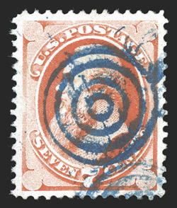 149, 7c Vermilion, large and exceptionally well balanced margins all around, bright color, blue target cancel, extremely fine a select used example 2001 and 2009 PF
certificates.