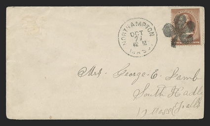 210, 2c Red brown, single tied by well struck fancy four-leaf clover cancel to cover to South Hadley, Mass., matching Northampton, MassOct 21 datestamp alongside, very fine
2009 PF certificate.