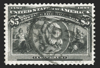 245, $5.00 Columbian, used, nicely centered within large margins, strong color, oval registry cancel, choice very fine 2006 PF certificate (VF 80 SMQ
$1,250.00).