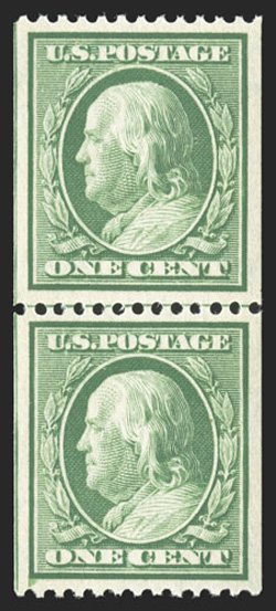 348, 1c Green coil, perf. 12 horiz., guide line pair, well centered and margined, bright color, o.g., n.h., extremely fine 2006 PSE certificate (VF-XF 85 SMQ
$590.00).