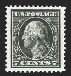 407, 7c Black, striking mint single, possessing enormously large margins which are rarely encountered on this value, wonderfully well centered within these oversized borders,
intense jet black color, o.g., lightly hinged, extremely fine 1992
