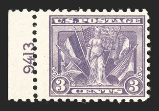 537a, 3c Victory, deep red violet, left sheet-margin plate no. 9413 single, rich characteristic color, o.g., l.h., fine and scarce 1990 PF certificate.