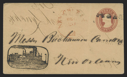 By Steamer Rapides, an incredibly choice strike of this Red River steamboat illustrated fancy woodcut handstamp on Buchannon Carroll correspondence 3c Red on buff entire (U10) to
New Orleans cancelled by straightline Steam, entered the mails w