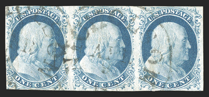 9, 1c Blue, Ty. IV, used horizontal strip of three, positions 41-43R1L, well balanced mostly ample margins all around, bright color and a strong impression, very light town
pmks., right stamp with trivial natural paper wrinkle, a very fine and h