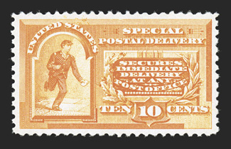E3, 10c Orange, wonderfully well centered and margined, strong color, o.g., lightly hinged, extremely fine and choice 2008 PSE certificate (XF-Superb 95 OGph SMQ
$600.00).