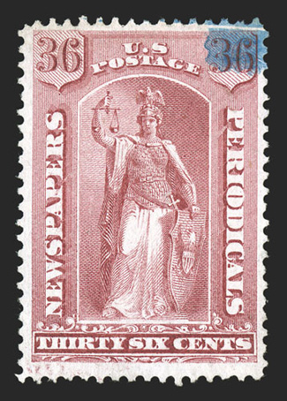 PR18, 36c Rose, handsome and scarce used example, wonderfully well centered within generous margins, striking prooflike color and impression on fresh white paper, neat blue
brush stroke cancel confined to the top right corner, extremely fine.