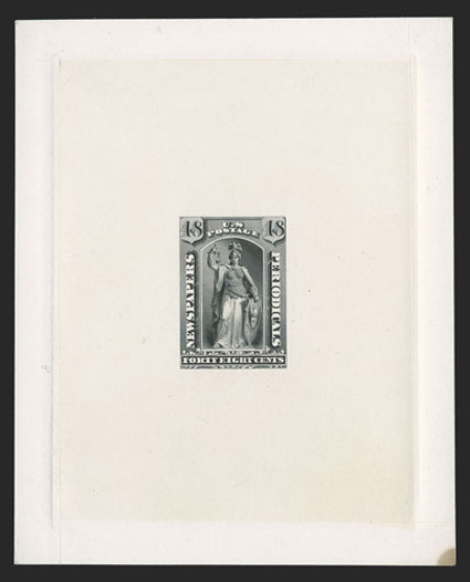 PR19TC1, 48c Sepia, Green and Black, large die trial color proofs on India paper die sunk on cards measuring approximately 90x120mm or 115x160mm, the complete set of all three
colors produced, fresh and extremely fine each is the only known e