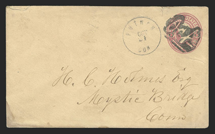 U59, 3c Pink on buff entire cancelled by excellent strike of fancy negative Oct (Skinner-Eno ND-M12), matching Putnam, ConOct 24 datestamp alongside, cover with small tears at
top and mounting stain at bottom left, extremely fine strike 2