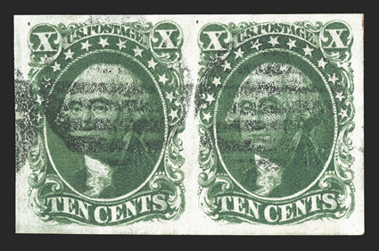 14, 10c Green, Ty. II, horizontal pair, used, exceptionally large and wonderfully well balanced margins all around, deep luxuriant color and impression, light grid pmks.,
trivial small surface scuff in margin below T of CENTS on right stamp,