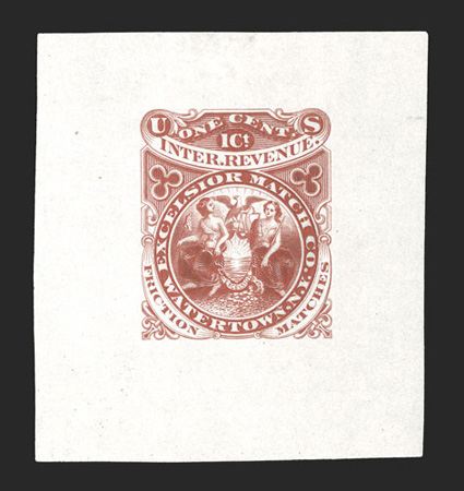 RO81P1, RO81TC1, Excelsior Match Co., Watertown, N.Y., 1c Black large die proof and 1c Blue and 1c Red large die trial color proofs on India paper, fresh and very
fine.