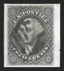 17, 12c Black, an incredible quality right sheet-margin single, other three margins are also large and well balanced, with a portion of the adjoining stamp at left, especially
fresh color and a crisp detailed impression, unusually light grid can