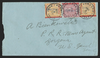 3 var., 10c Yellow, with colon after right Panama, used single along with a normal 10c Yellow (3) and 2c Rose (1) on cover to Gorgona (backstamp), tied by Culebra July 6, 1904
c.d.s. postmarks, cover opened roughly at left, fine cataloged a