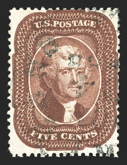 28A, 5c Indian red, Ty. I, used, rich distinctive color and a crisp clean impression, unusually light town cancel, a fresh and fine example of this scarce stamp 1986 PF
certificate.