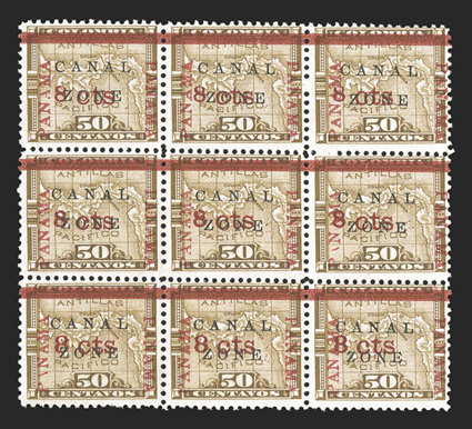 14d, 14e, 8c on 50c Bister brown, Canal in antique type, Zone in antique type, block of nine representing positions 26-2846-48 on the sheet, with position 26 showing the
antique Canal and position 48 showing the antique Zone, marvelousl