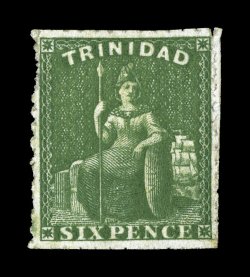 S.G. 36, 1859 6p Deep green, pin perf. 12 12, a rare mint example of this difficult stamp, exceptionally well centered, deep luxuriant color, showing full or part perfs. all
around, o.g., h.r., very fine and choice extremely scarce as it is be