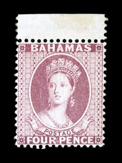 S.G. 43, 1882 4p Rose, perf. 14, an incredibly choice top sheet-margin mint example, being virtually perfectly centered, plus it possesses a marvelous overall freshness and
brilliance, rich luxuriant color, full o.g., lightly hinged, extremely f