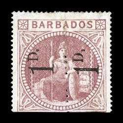 S.G. 86b, 1878 1D. Surcharge on half of 5- Dull rose, unsevered pair, surcharge reading up, an unusually handsome appearing and well centered example of this exceedingly rare
mint pair, this example possesses a deep rose shade with bright