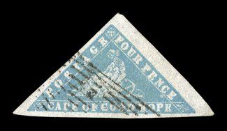 S.G. 14b, 1861 4p Pale bright blue Wood Block, a most impressive appearing example of this rare shade, boasting margins of enormous size all around, deep rich color and a strong
impression on bright paper, just a trace of a crease and a small